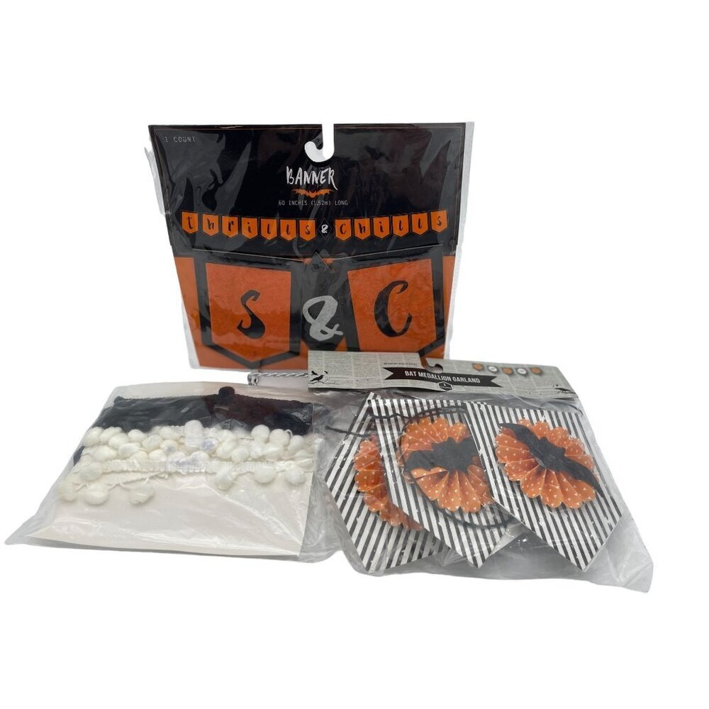 Lot of 3 Halloween Banners Garland Orange & Black Thrills & Chills Gothic Decor